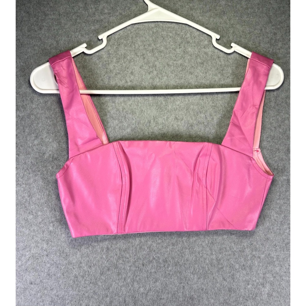 Edikted Faux Leather Cropped Corset Top Womens Small Pink Wide Strap Back Zip